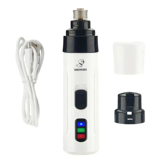 Safe-Touch Pet Nail Grinder with a white plastic body, black controls, exposed grinding tip, USB cable and protective caps.