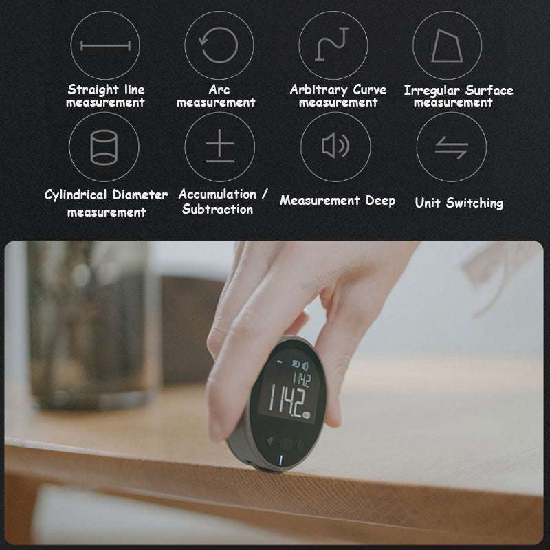 Digital Laser Tape Measure in black and grey, with a compact rounded body and illuminated digital display held above a surface