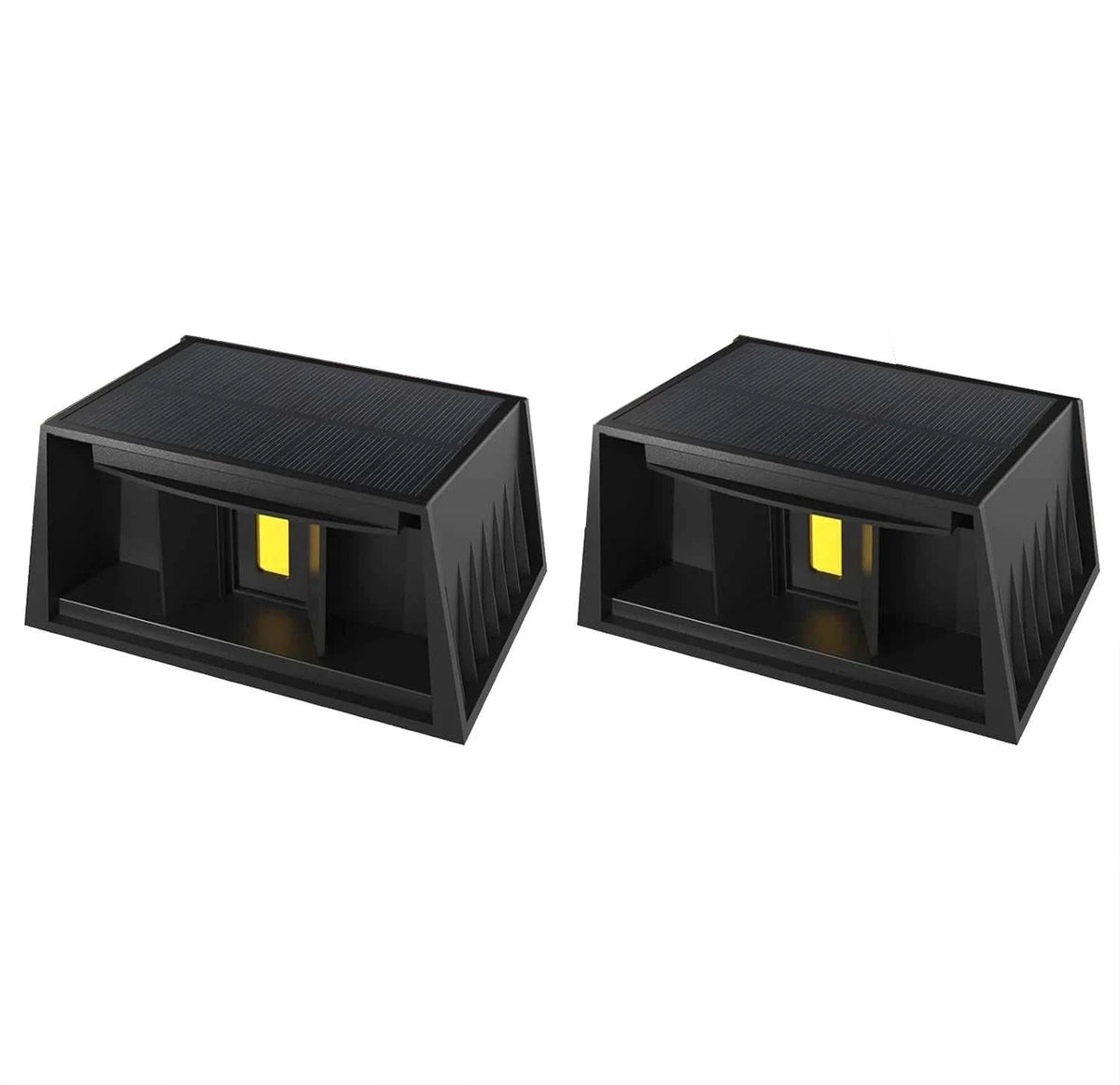 Solar Fence & Wall Light pair in black plastic, with angled solar panels, faceted housings and yellow LED lenses.