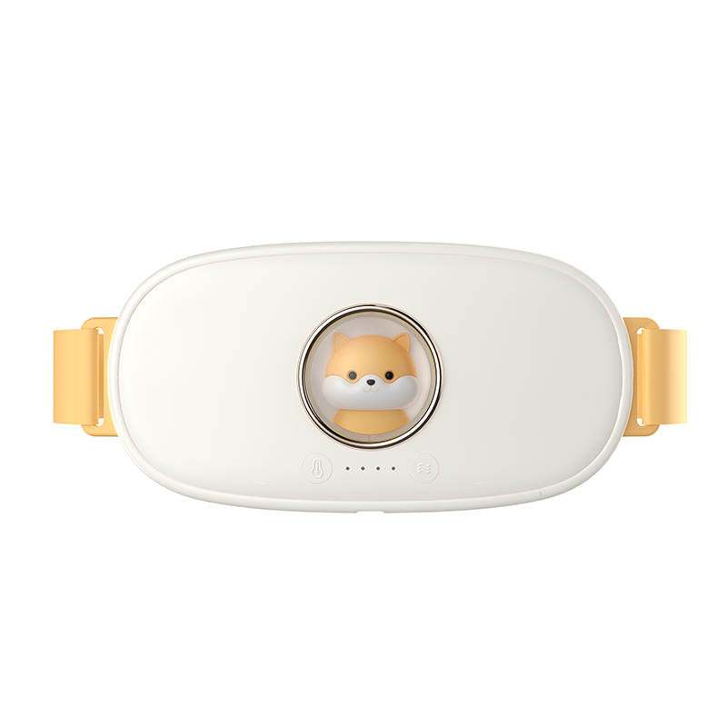Menstrual Massager with a smooth white oval body, yellow side straps, and a round fox-face accent.