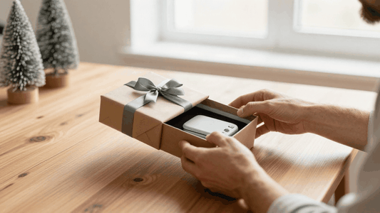 Christmas gift box with a black ribbon reveals a compact white electronic gadget; Christmas Gifts for Him 2026.
