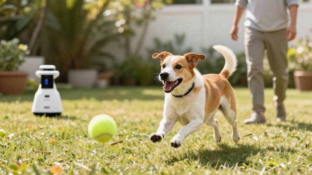 Automatic Ball Launcher vs Chuckit: white ball launcher with a black display, beside a tan and white dog chasing a green ball