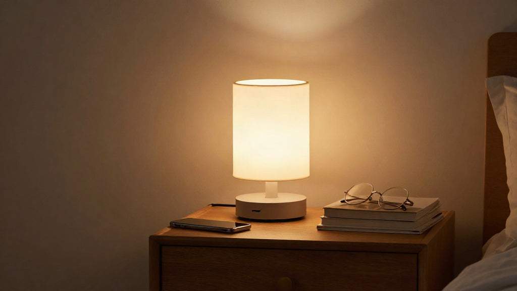 Bedside table lamp in warm white with a cylindrical shade and rounded base, featured among Best Lamps With Built-In Phone Chargers.
