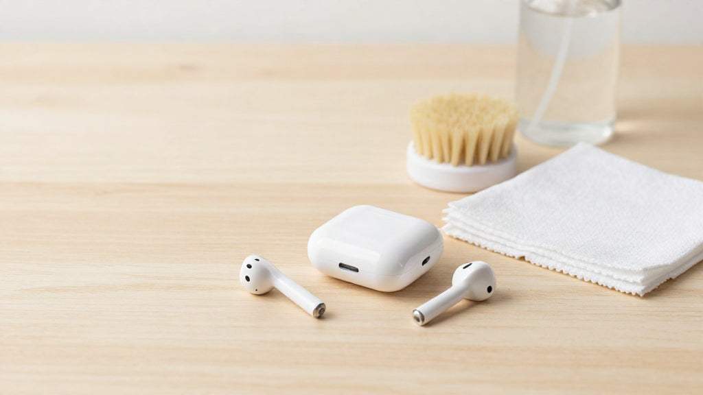 AirPods cleaning kit with white wireless earbuds and charging case, soft brush and cloth to Clean AirPods Safely.