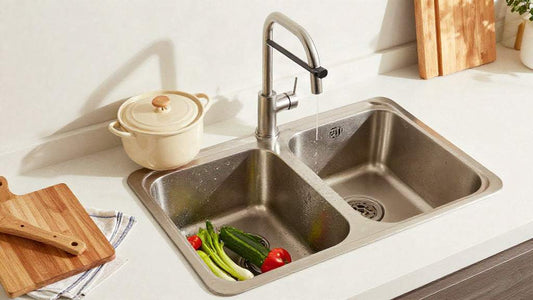 Kitchen sink faucet with a tall, curved stainless-steel spout above a double-basin sink, not a Kitchen Sink Faucet Extender 360.