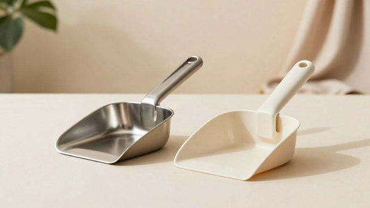 Cat litter scoops in stainless steel and cream plastic, with deep solid scoop heads and long handles; Stainless Steel vs Plastic comparison.
