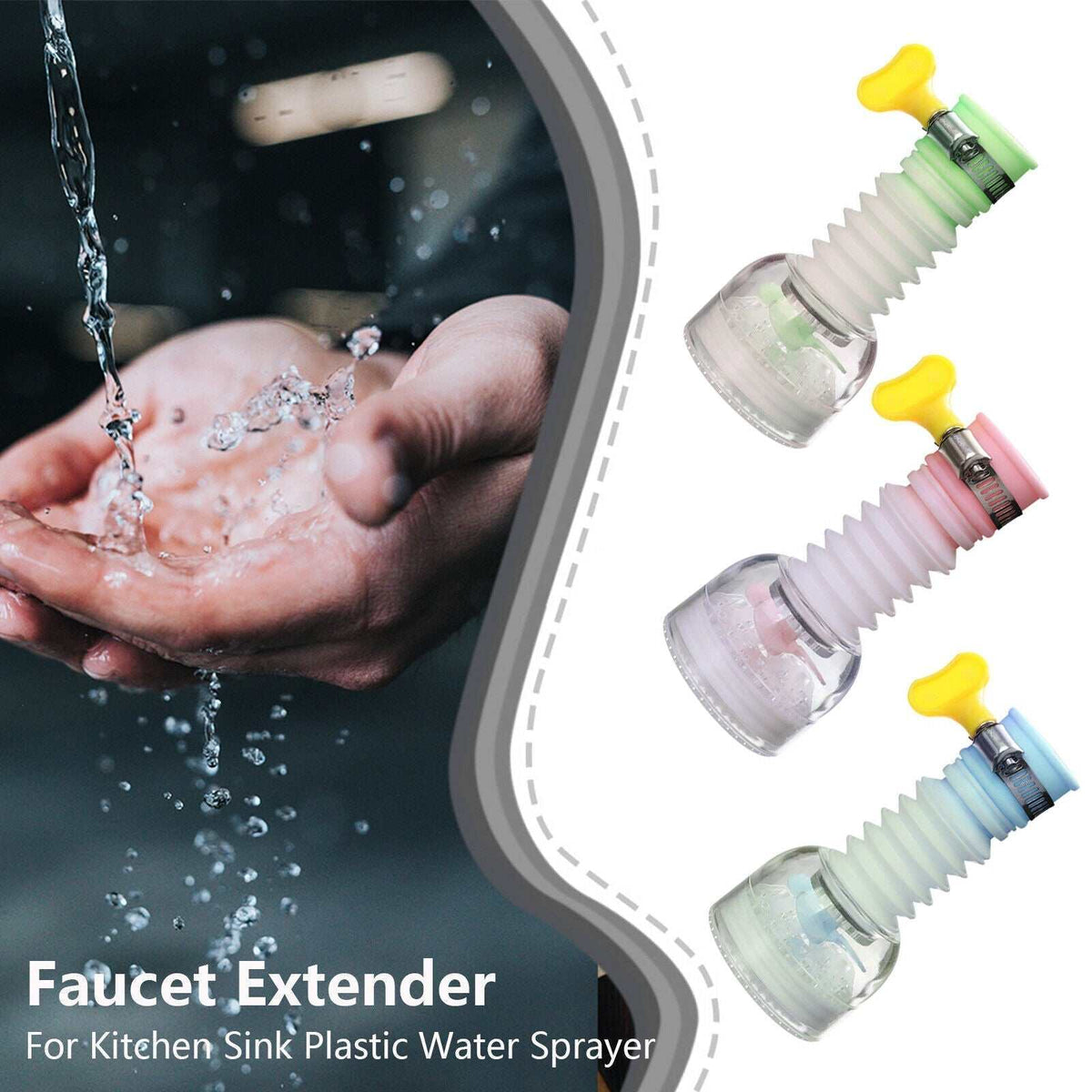 360° Rotating Tap Extender in transparent plastic with flexible ribbed hoses, coloured collars and yellow control knobs