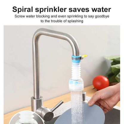360° Rotating Tap Extender in white flexible plastic with blue fittings and a spiral sprinkler head, spraying water over a plate