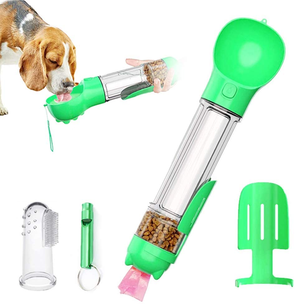 Portable dog water bottle with flip-up drinking trough for hydrating pets on walks