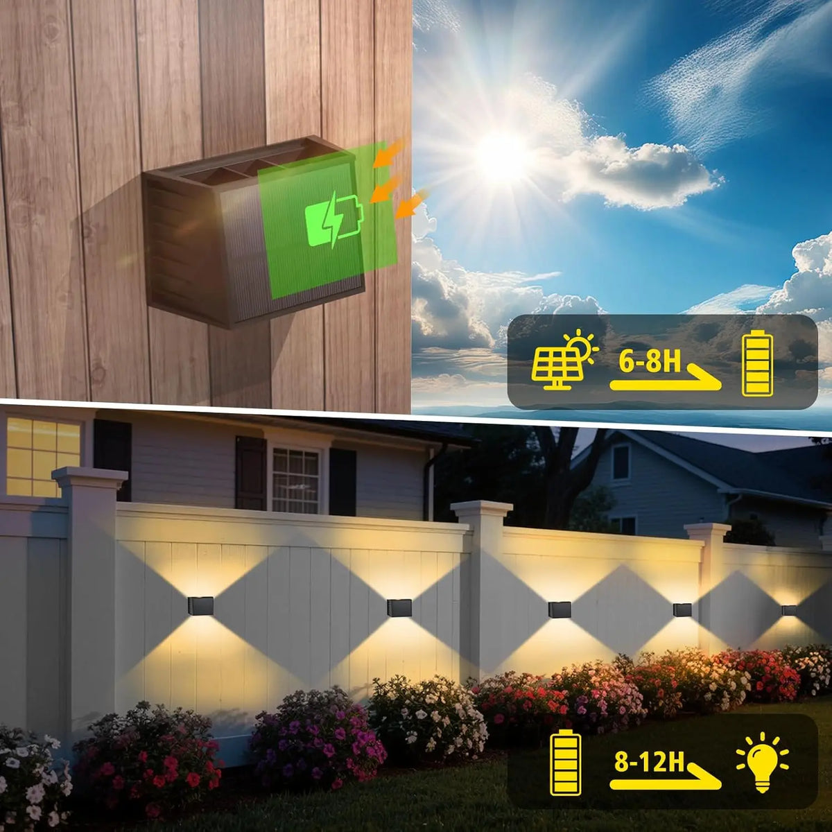 Solar Fence & Wall Light — Dual Up/Down Beams, Warm Glow, Zero Wiring (1 or 2 Pack)