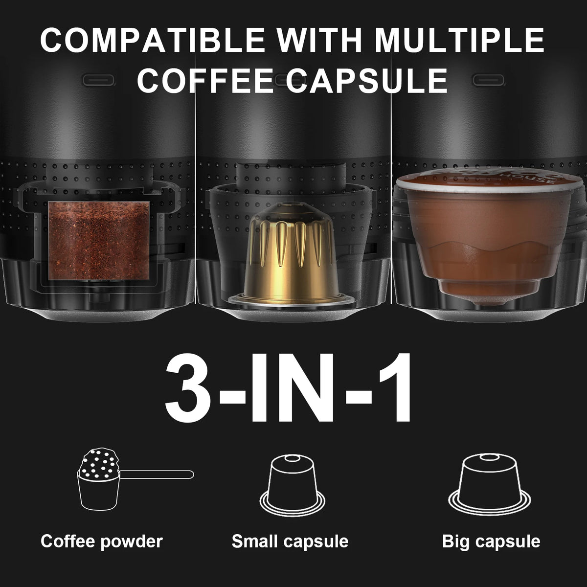 BrewGo espresso maker showing 3-in-1 capsule, powder and pod compatibility