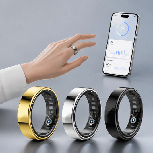 Smart fitness ring tracking steps, heart rate and sleep data worn discreetly on the finger
