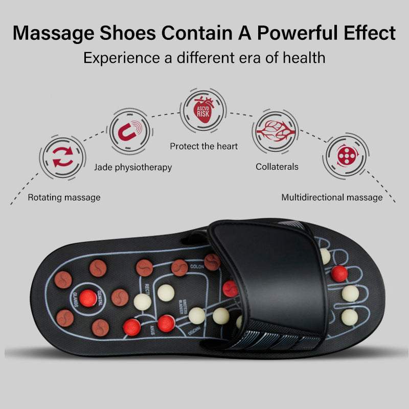 Acupressure Slippers in black with wide adjustable straps and multicoloured raised massage nodules on the footbed