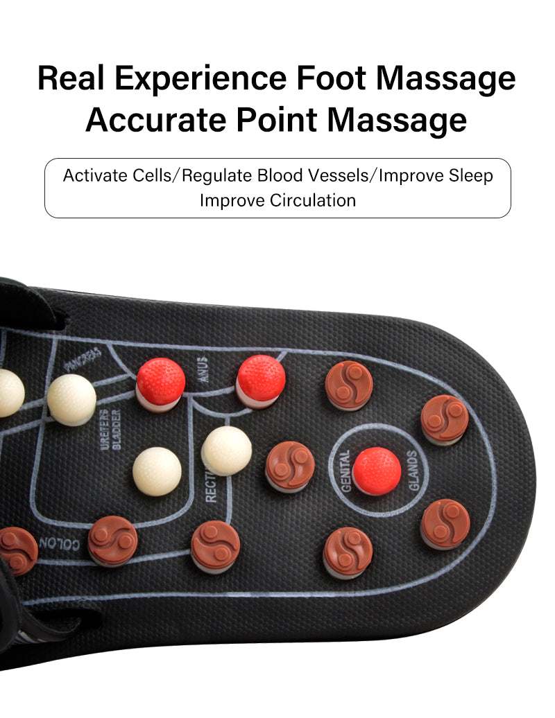 Acupressure Slippers with a black textured footbed, raised red, cream and brown massage nodules and an open-toe strap