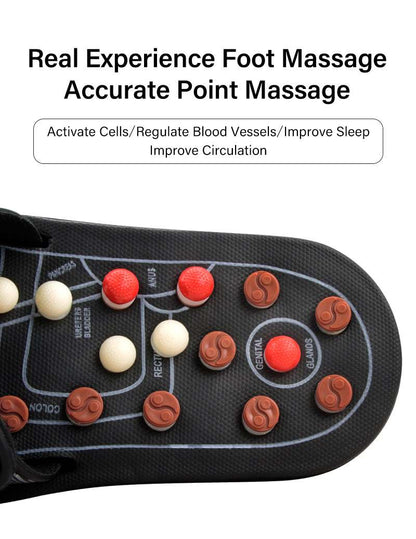 Acupressure Slippers with a black textured footbed, raised red, cream and brown massage nodules and an open-toe strap