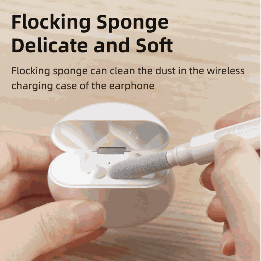 AirPod Cleaning Kit with a white-handled flocking sponge cleaning the white wireless earbud charging case.