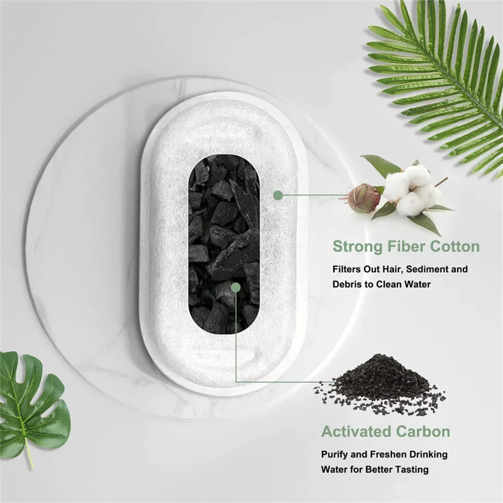 Auto Cat Fountain filter with a white cotton outer layer, black activated carbon center, and oval shape