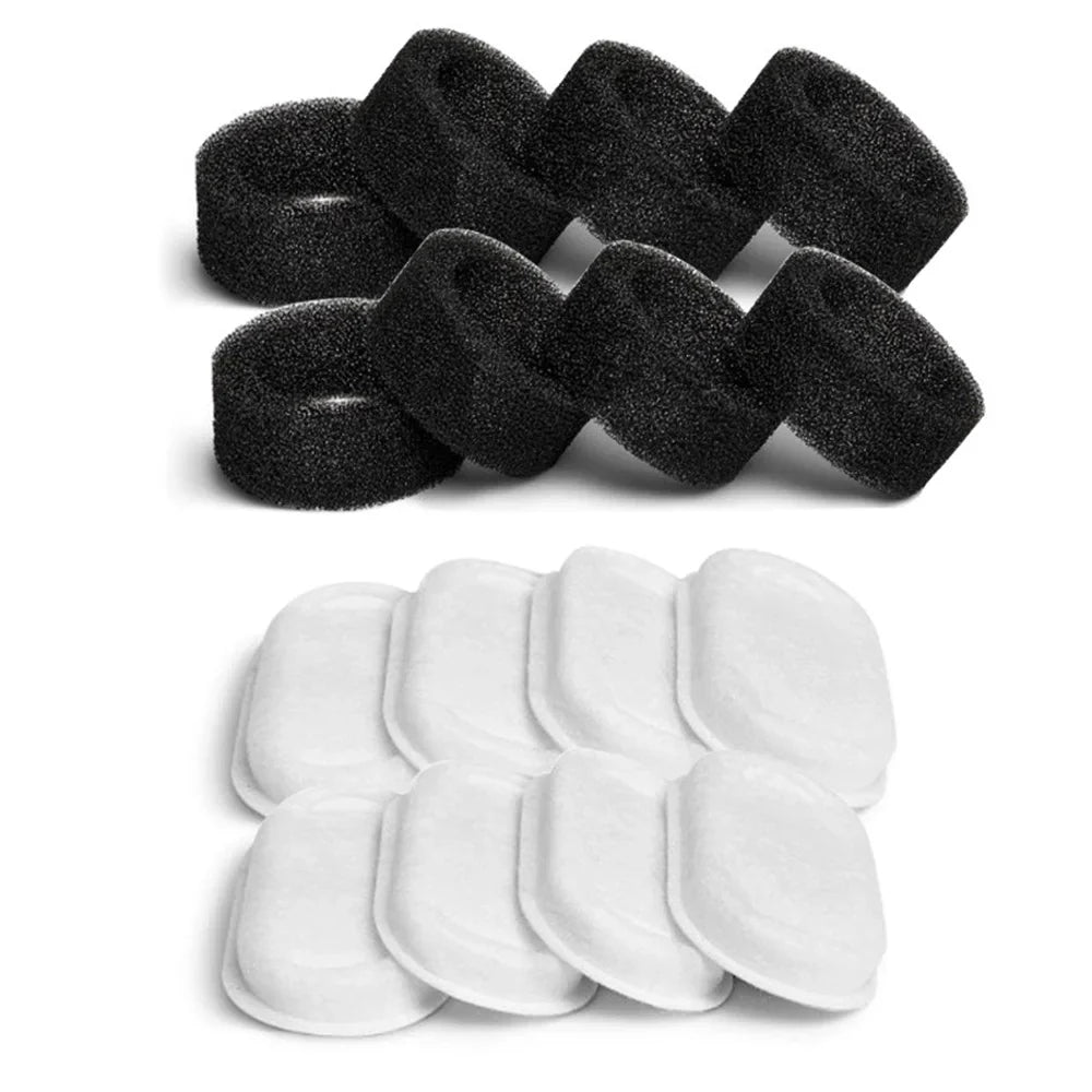 Auto Cat Fountain replacement filters in black foam and white cotton, with rounded rectangular pads for water filtering.