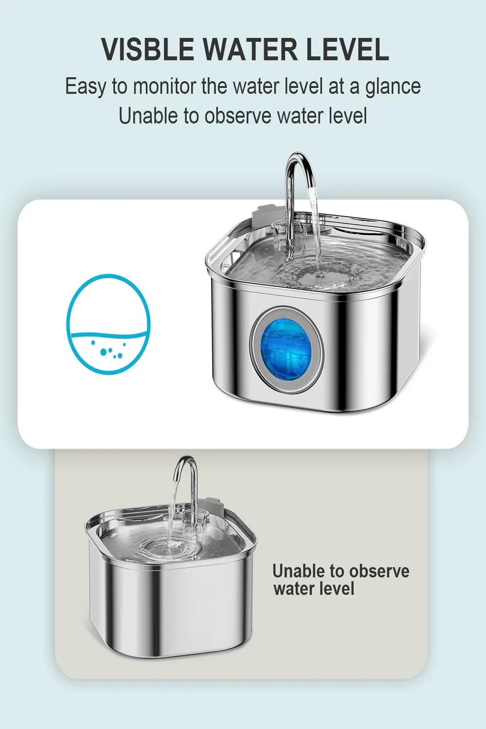 Auto Cat Fountain in polished stainless steel with a curved spout, bubbling water and a blue circular water-level window