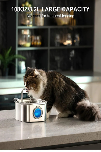 Auto Cat Fountain in a stainless steel bowl with a blue circular indicator, beside a long-haired brown cat