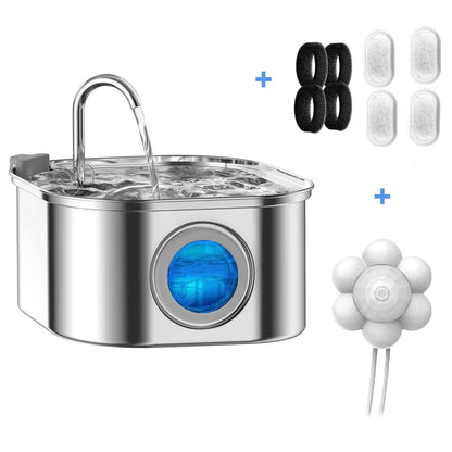 Stainless steel Auto Cat Fountain with a blue water-level window, curved spout, and round filters included.