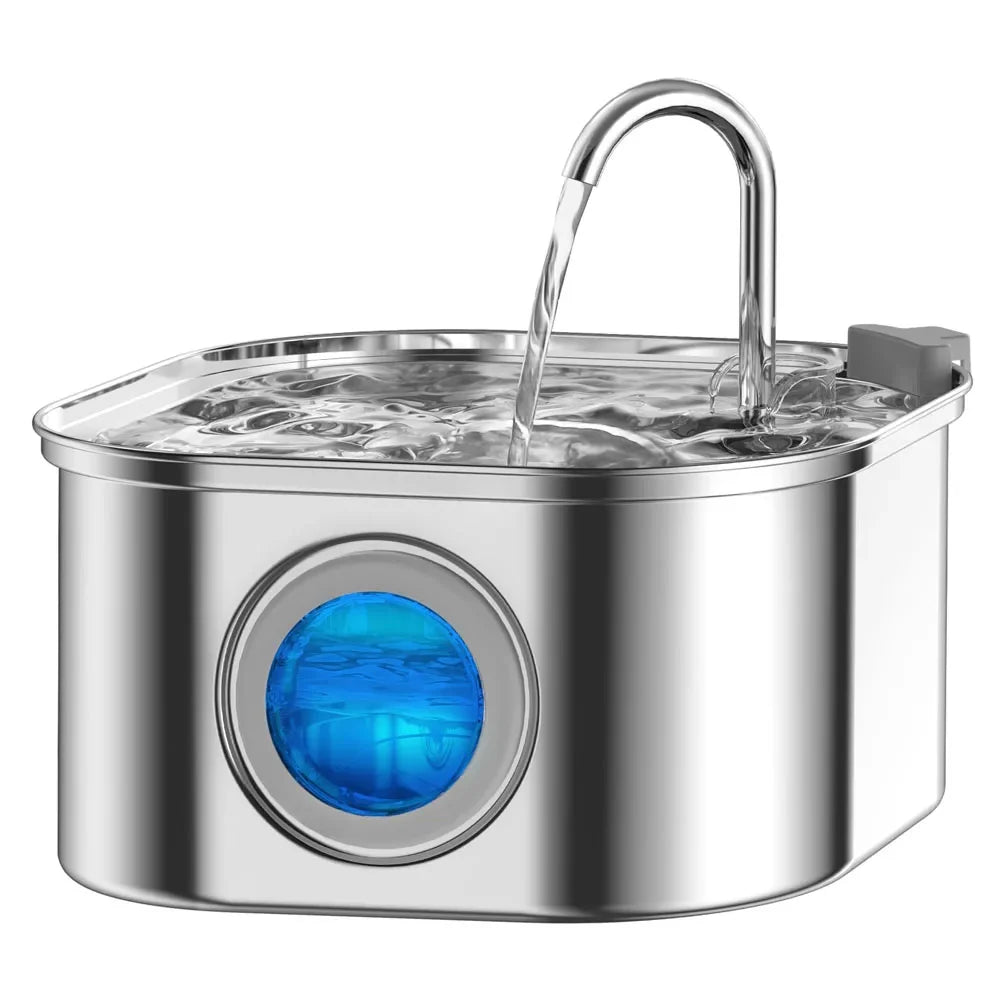 Auto Cat Fountain with a stainless steel bowl, polished silver finish, flowing arched spout, and blue water-level window