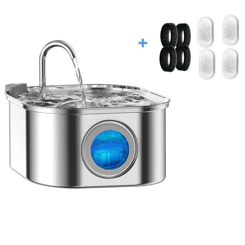 Auto Cat Fountain in polished stainless steel, with a curved spout, blue viewing window and replaceable filters.