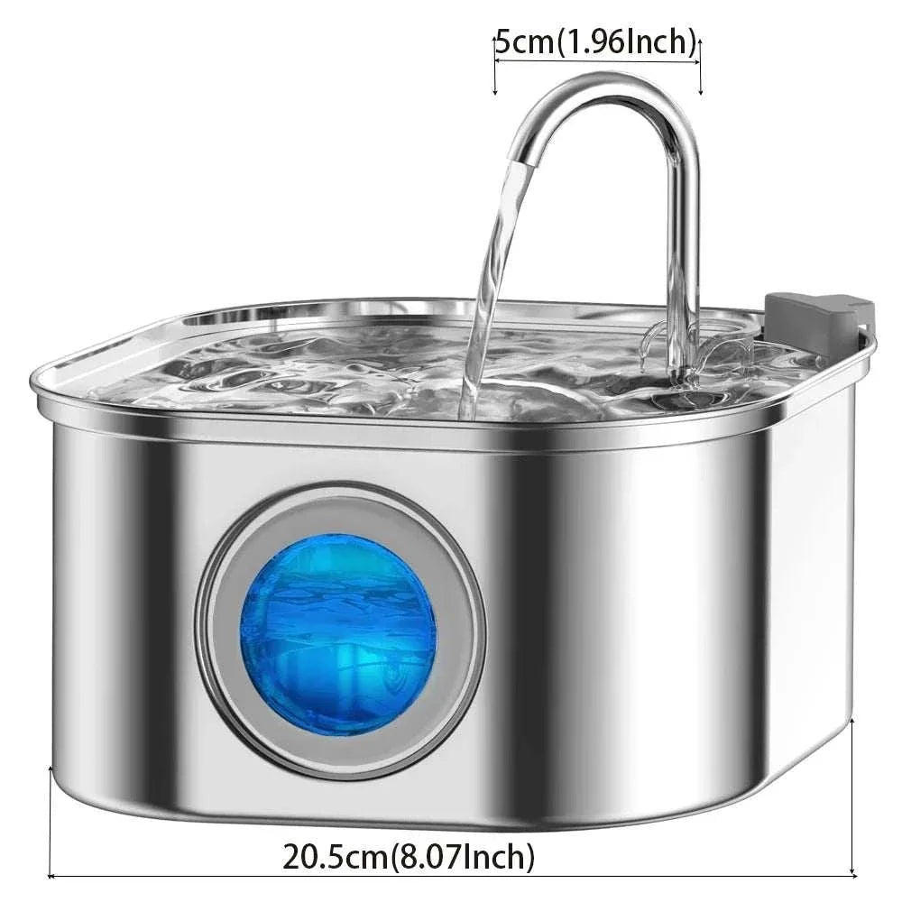 Auto Cat Fountain with a polished stainless steel bowl, clear arched water stream and blue water-level viewing window.