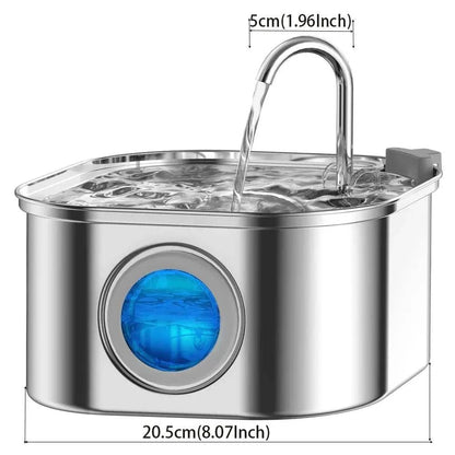 Auto Cat Fountain with a polished stainless steel bowl, clear arched water stream and blue water-level viewing window.