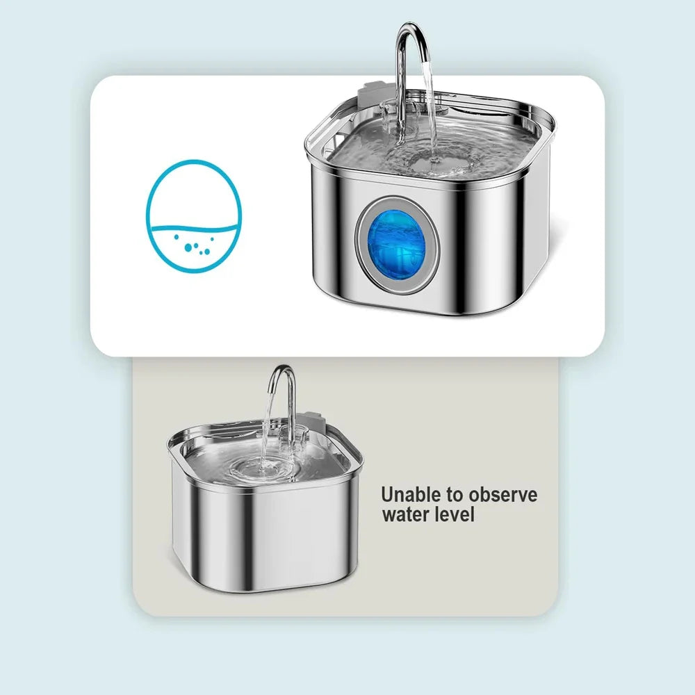 Auto Cat Fountain in polished stainless steel with rounded rectangular basin, flowing spout and blue circular water-level window
