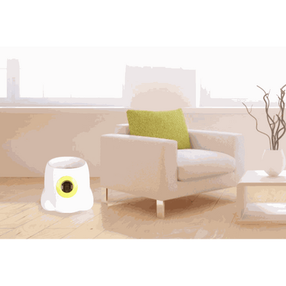 Automatic Ball Launcher for Dogs, a compact white plastic device with a bright yellow circular launch opening