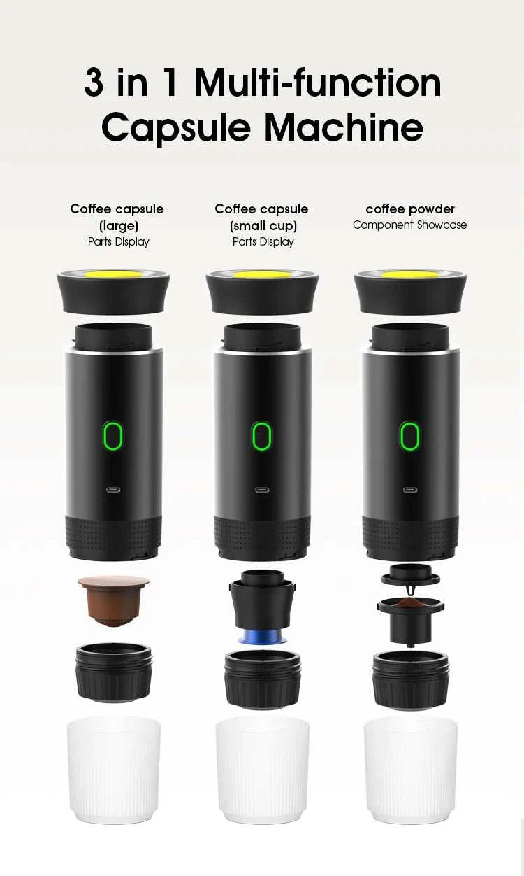 BrewGo — Portable Espresso Machine with a black cylindrical body, green power button, and interchangeable capsule and coffee powder parts.