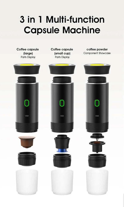 BrewGo — Portable Espresso Machine with a black cylindrical body, green power button, and interchangeable capsule and coffee powder parts.