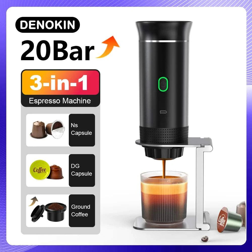 BrewGo — Portable Espresso Machine in black with metallic stand, green-lit control, brewing espresso into a glass cup.