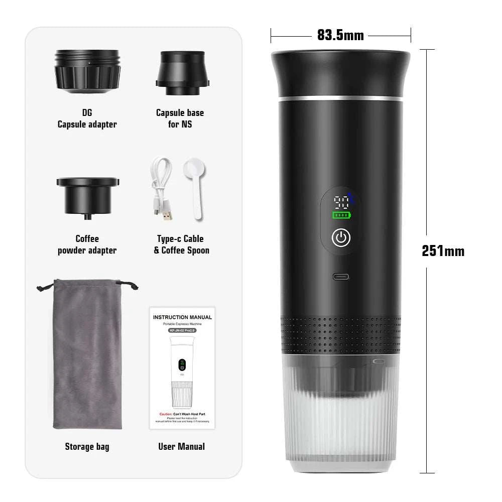 BrewGo — Portable Espresso Machine in sleek black with a clear lower chamber, digital display and travel accessories.