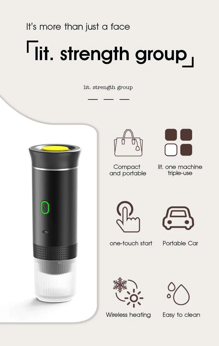BrewGo — Portable Espresso Machine, a dark metallic cylindrical brewer with a yellow top, green power button and clear lower chamber.
