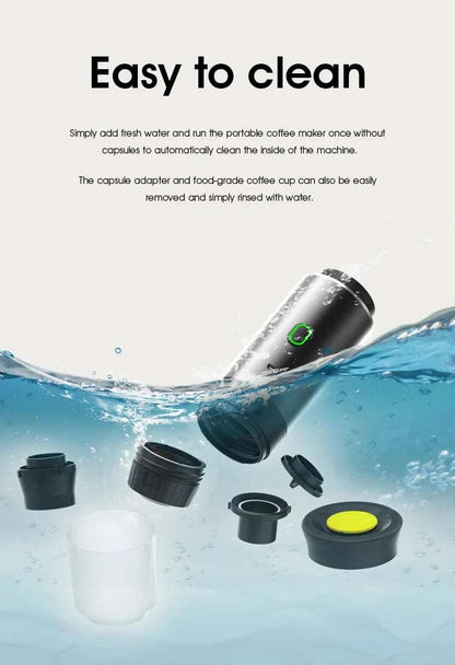 BrewGo — Portable Espresso Machine in black and silver, shown with detachable parts and accessories for easy cleaning.