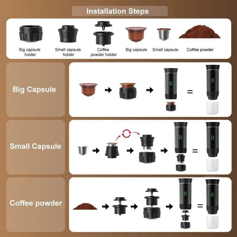BrewGo — Portable Espresso Machine installation guide showing capsule holders, coffee powder parts, and three brewing setups.