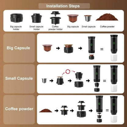 BrewGo — Portable Espresso Machine installation guide showing capsule holders, coffee powder parts, and three brewing setups.