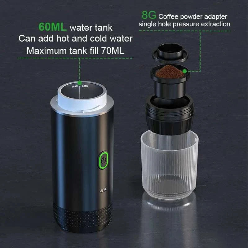 BrewGo — Portable Espresso Machine in black and metallic gray, with a green-lit button and detachable coffee powder adapter.