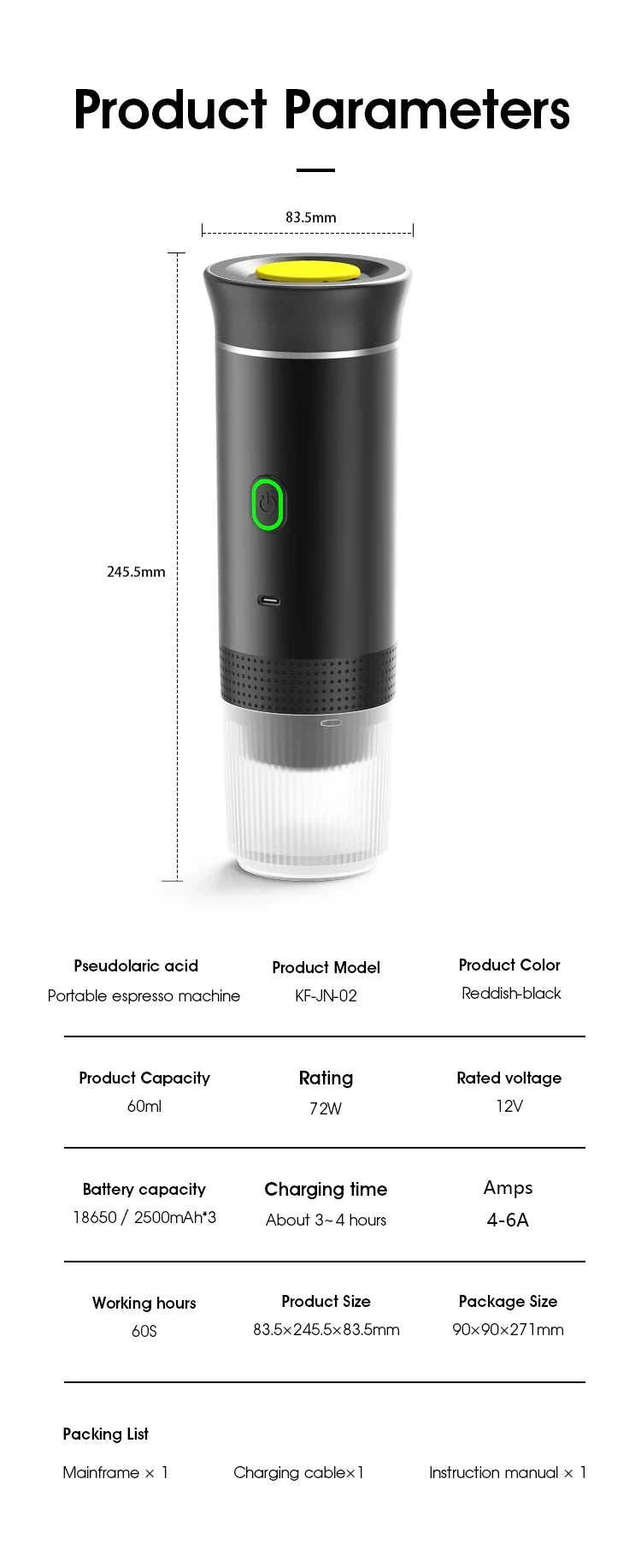 BrewGo — Portable Espresso Machine in metallic black with a cylindrical body, yellow top ring, green button and clear base.