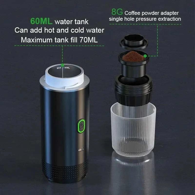 BrewGo — Portable Espresso Machine in metallic black with a green power button, shown with a clear water tank and coffee powder adapter.