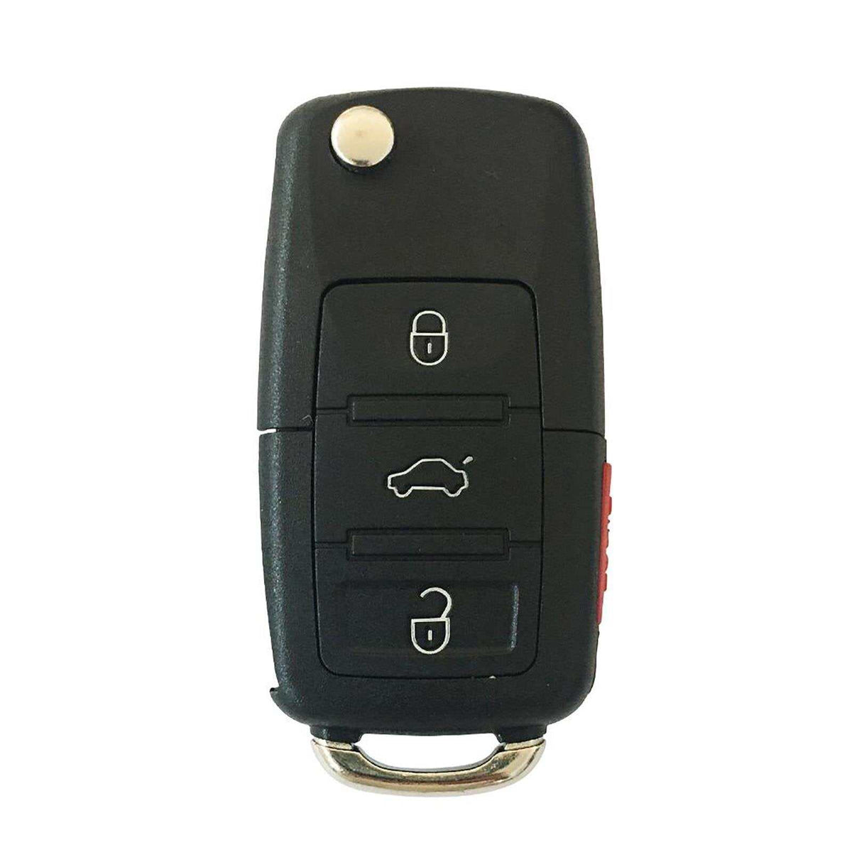 Car Key Secret Stash in black plastic with silver keyring, three white car remote symbols and a red side button