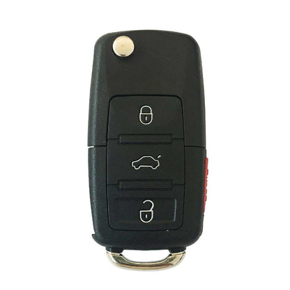 Car Key Secret Stash in black plastic with silver keyring, three white car remote symbols and a red side button
