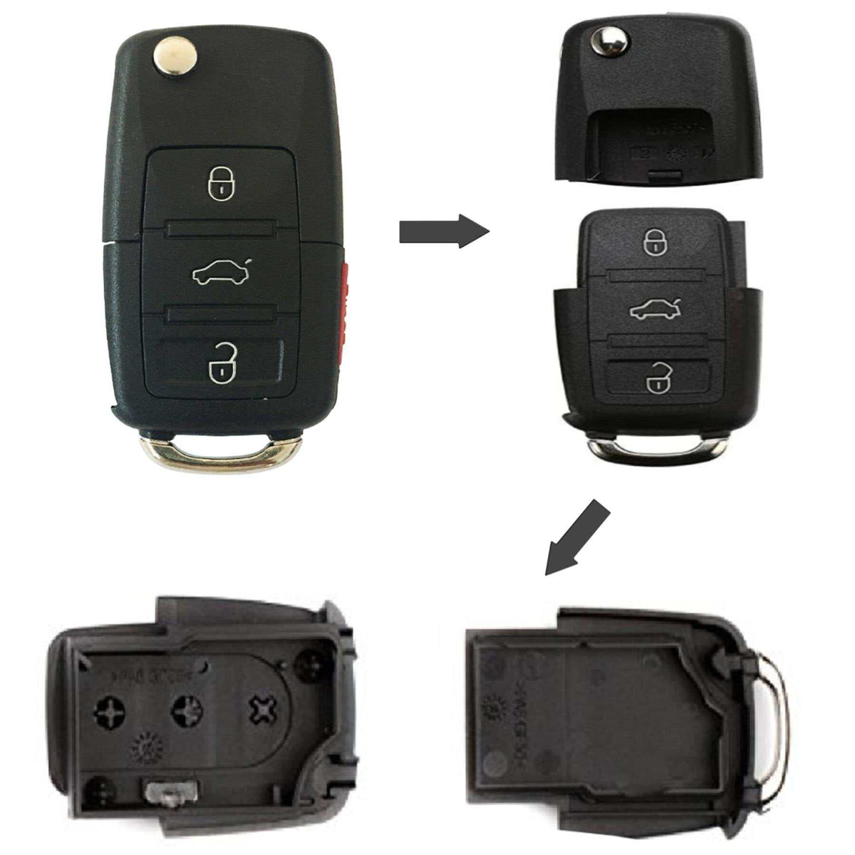 Car Key Secret Stash in black plastic, with a three-button car key fob design and a hollow hidden compartment revealed inside