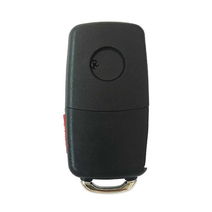 Car Key Secret Stash in black plastic, shaped like a car key fob with a circular back panel and metal keyring loop.