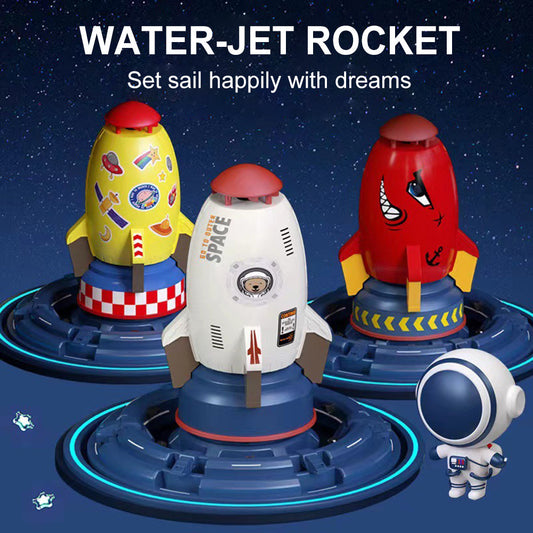 Rocket-shaped spinning garden sprinkler providing 360-degree water coverage for lawns