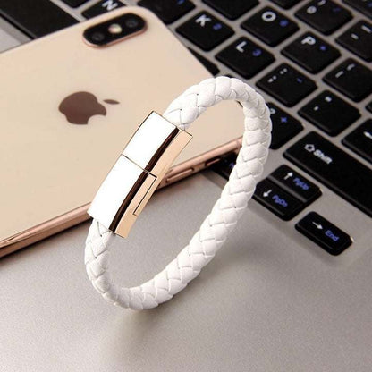 Charging Bracelet — Wearable Phone Charging Cable with a white braided band and polished silver clasp