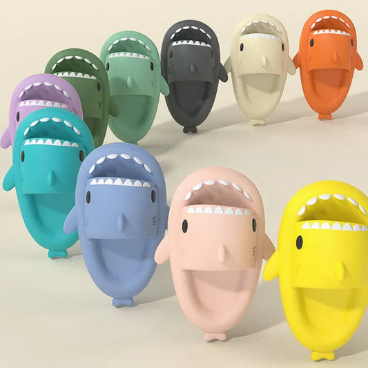 Shark shaped foam slide sandals with soft cushioned soles for comfortable casual wear