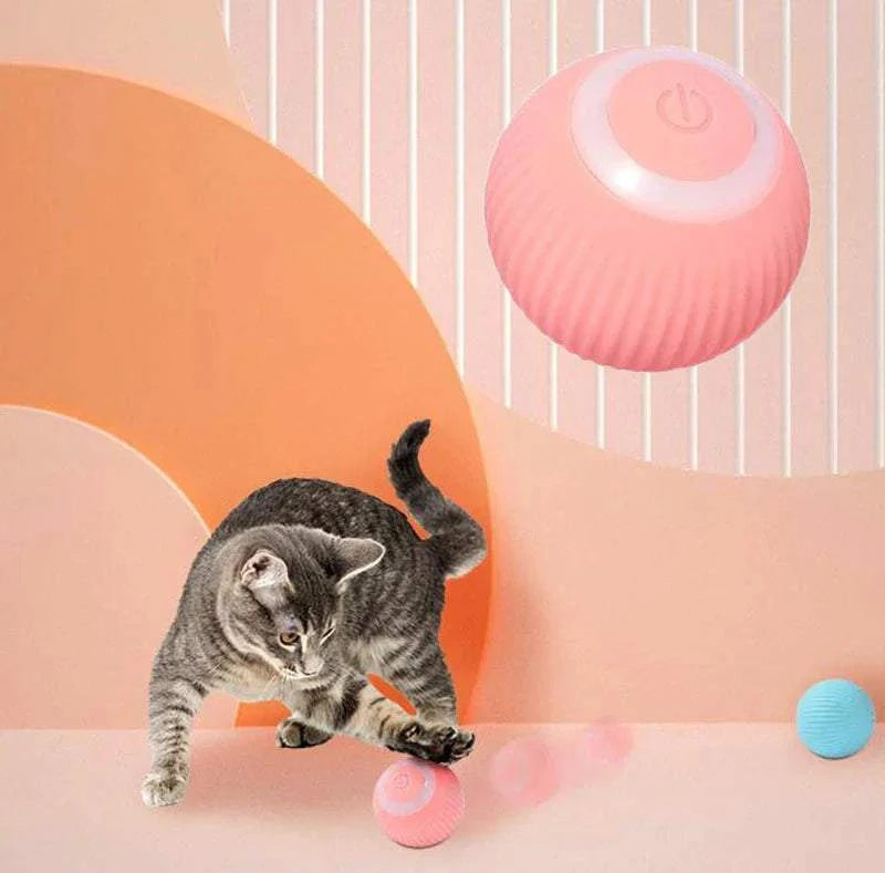 Electric Interactive Cat Ball, pink ribbed plastic toy with a raised power button and smooth glossy top.